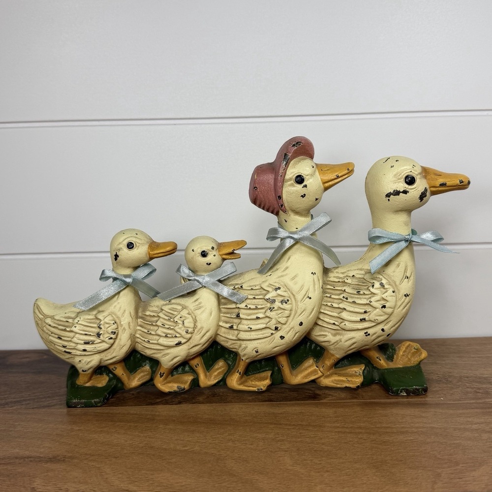 Painted Cast Iron 4 Walking Geese Duck Family VTG Cottagecore Farm Prairie